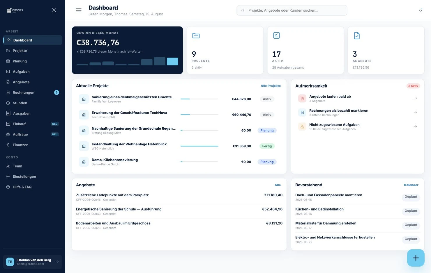 Ordops-Dashboard auf dem Desktop mit dem Gewinn diesen Monat, aktiven Projekten, ausstehenden Angeboten und Projektfortschritt