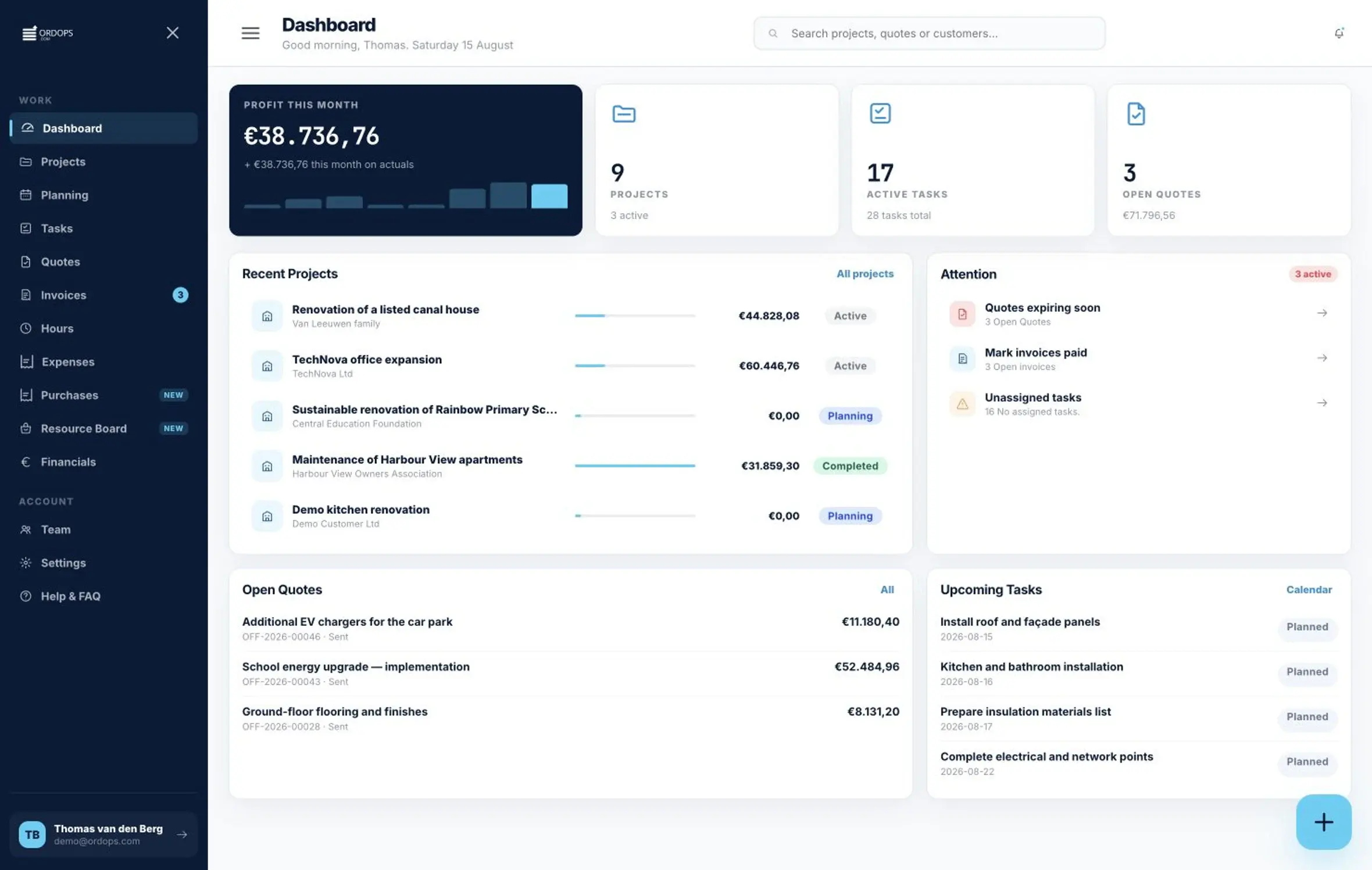 Ordops desktop dashboard showing this month's profit, active projects, open quotes and recent project progress