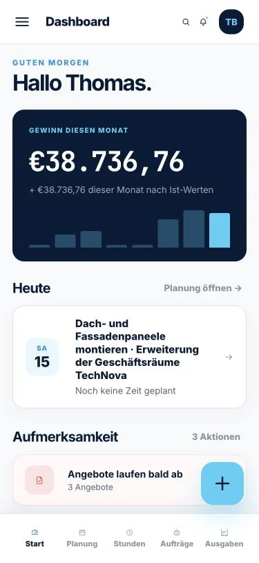 Ordops-Dashboard auf Mobilgeräten mit dem Gewinn diesen Monat, der heutigen Planung und Aufmerksamkeitspunkten