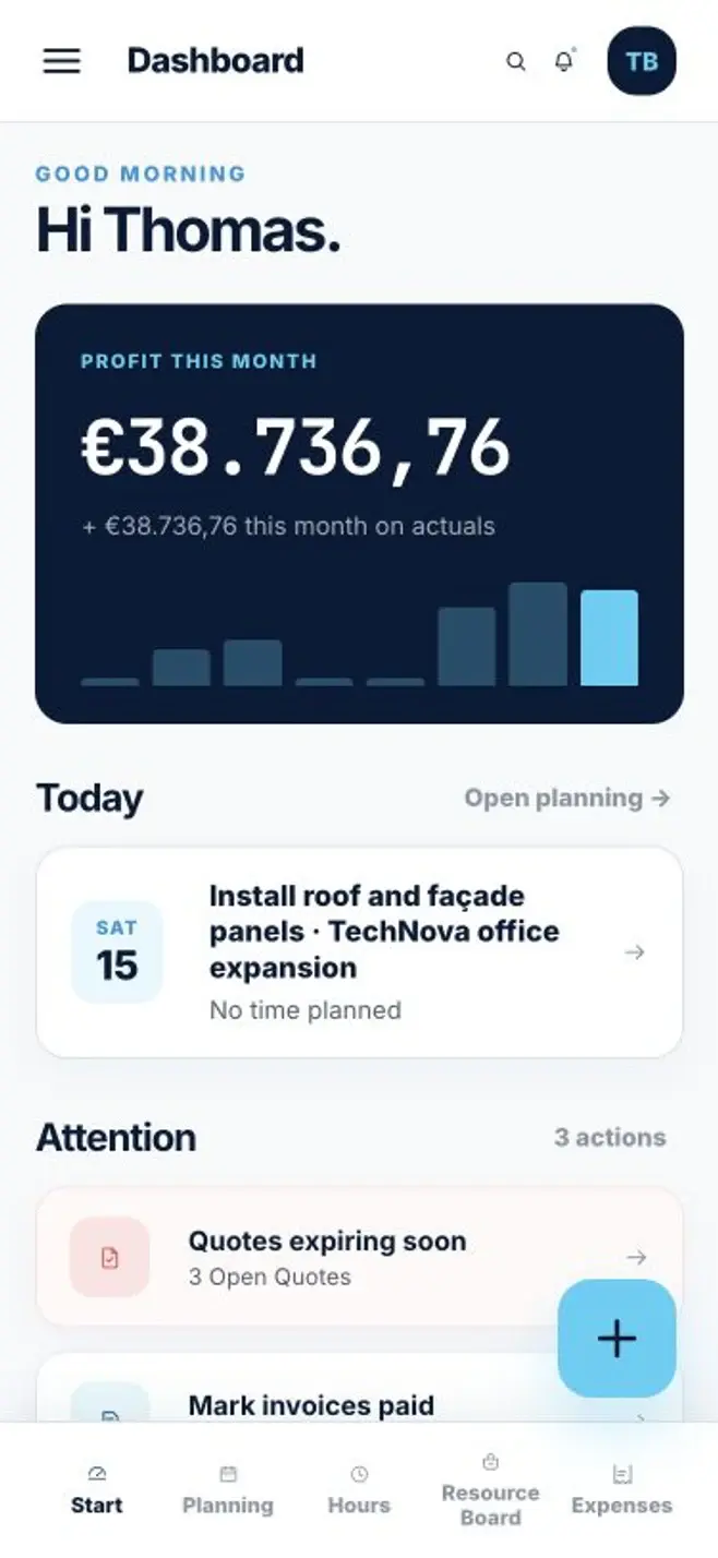 Ordops mobile dashboard showing this month's profit, today's planning and actions requiring attention