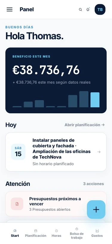 Panel de Ordops en el móvil con el beneficio de este mes, la planificación de hoy y las acciones pendientes