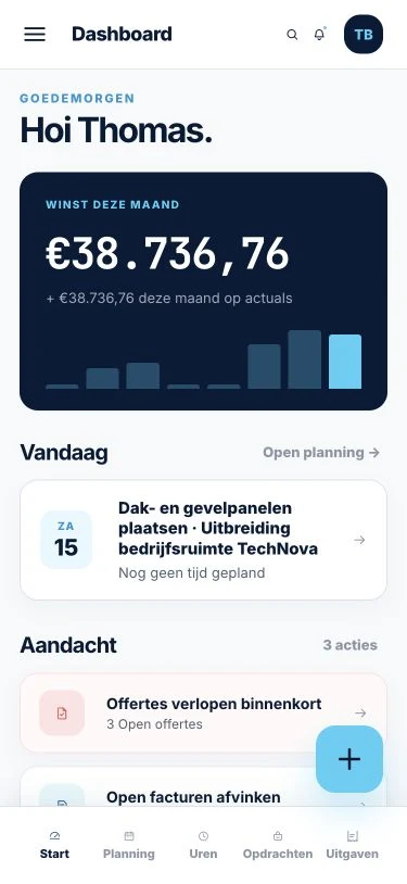 Ordops-dashboard op mobiel met de winst van deze maand, de planning van vandaag en aandachtspunten