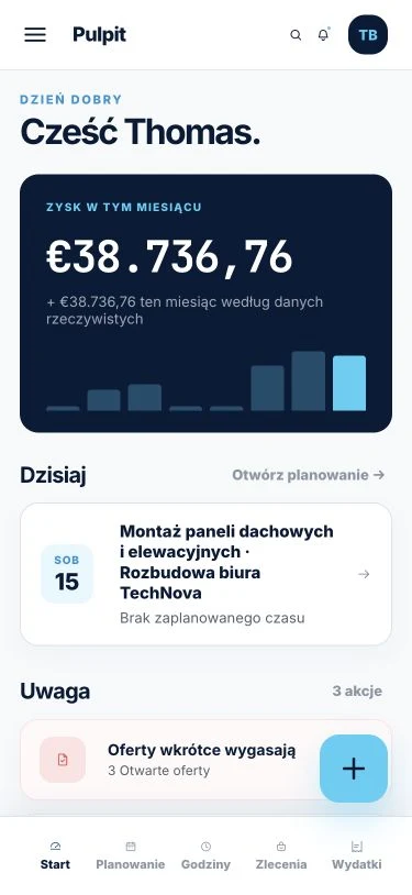 Panel Ordops na telefonie z zyskiem w tym miesiącu, dzisiejszym planem i zadaniami wymagającymi uwagi