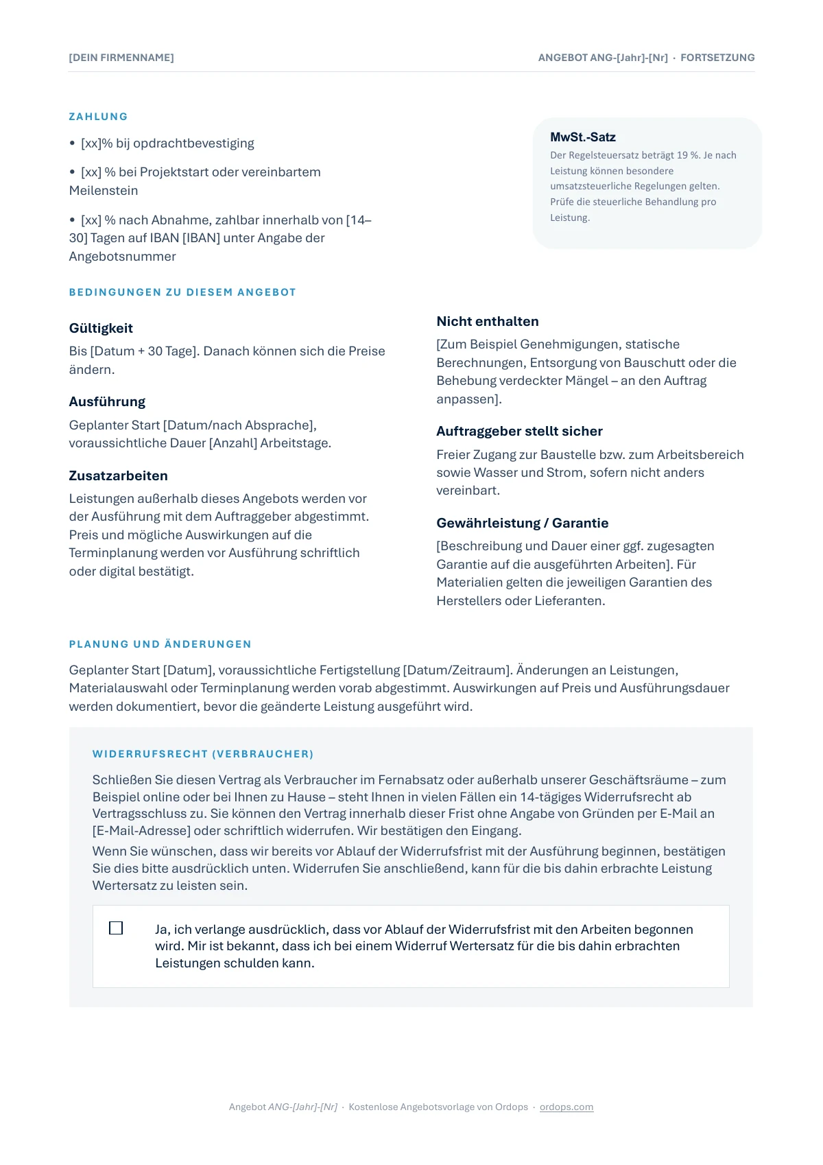 Vorschau der bearbeitbaren Angebotsvorlage für Bauunternehmen in Word - Seite 2