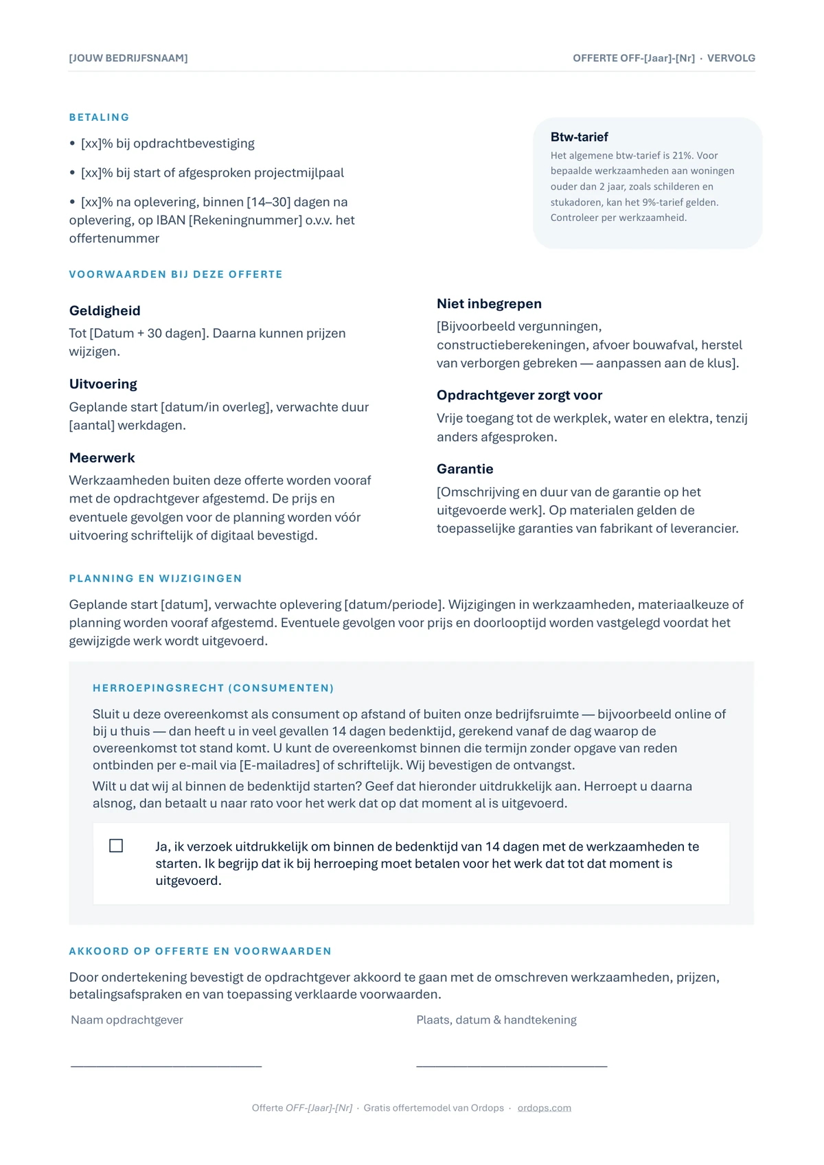 Voorbeeldweergave van de bewerkbare aannemersofferte - pagina 2