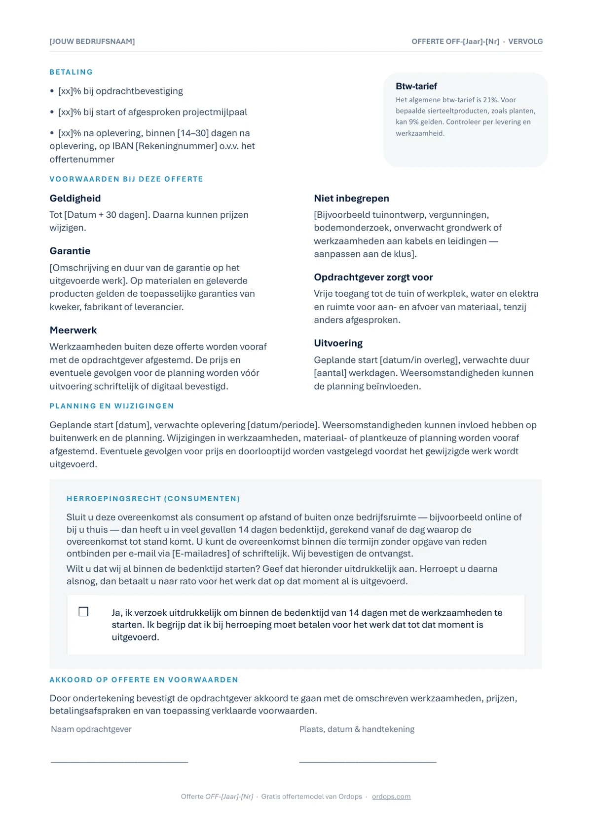 Voorbeeldweergave van de bewerkbare hoveniersofferte - pagina 2