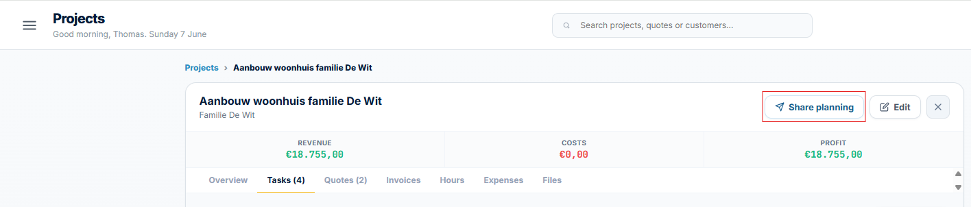 Screenshot: Can I share my project planning with the customer?